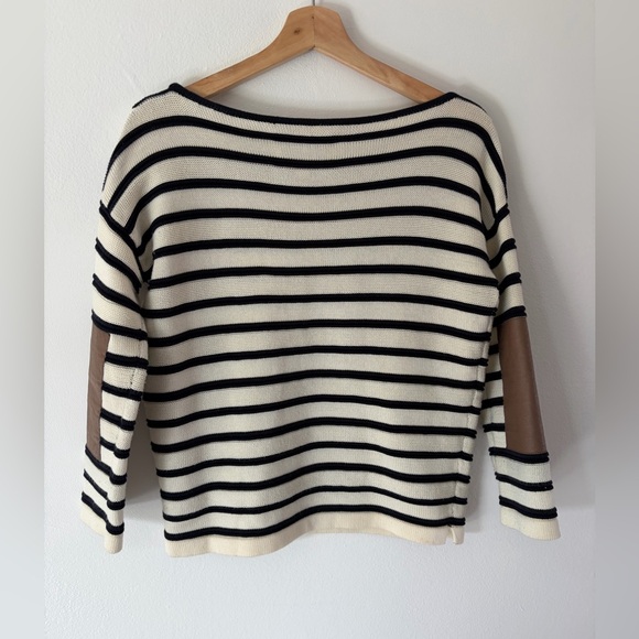 Brochu Walker Ivory & Black Stripe Knit Pima Cotton Sweater With Elbow Patches - Picture 5 of 8